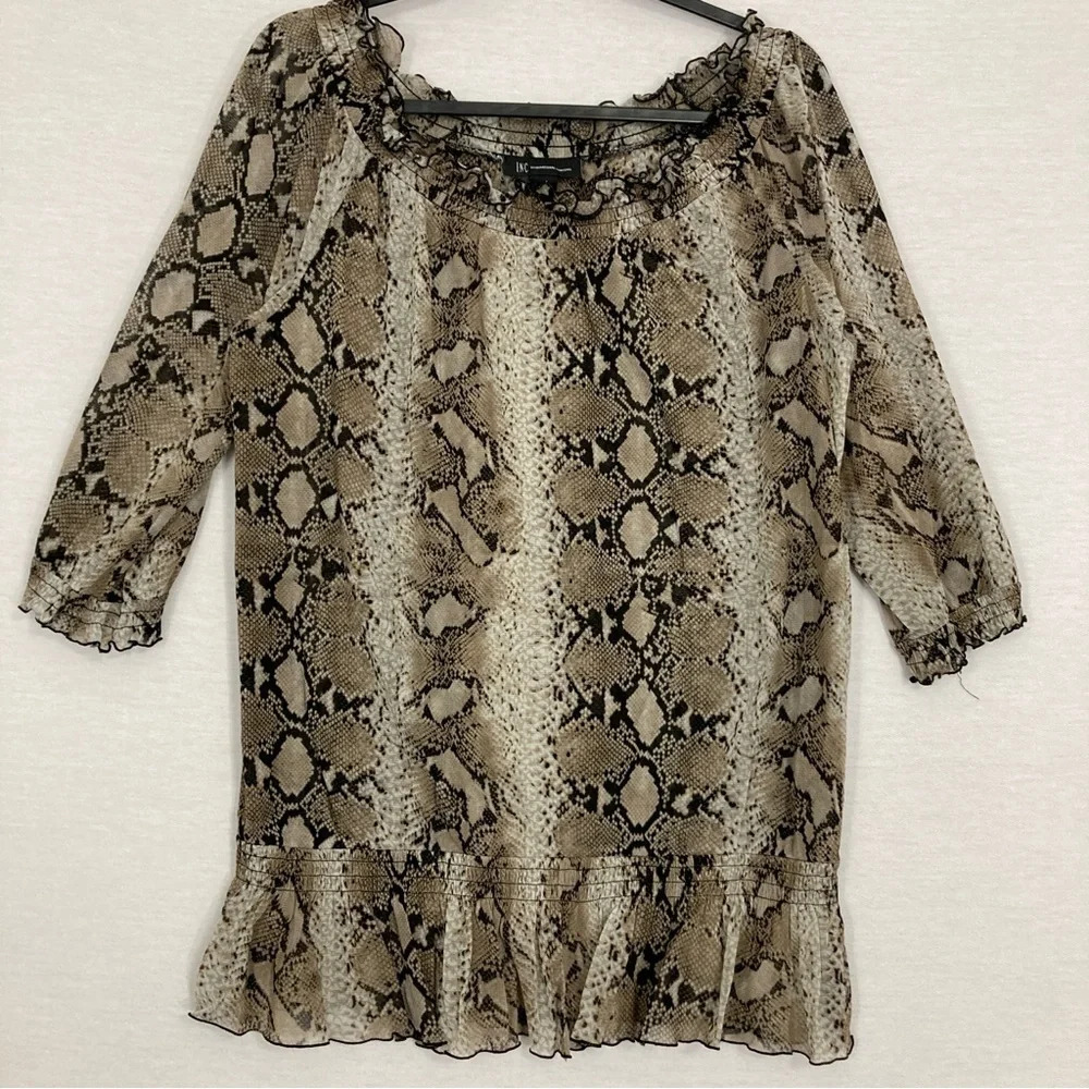 INC International Concepts Brown Animal Print Mesh Nylon Stretch Top Large